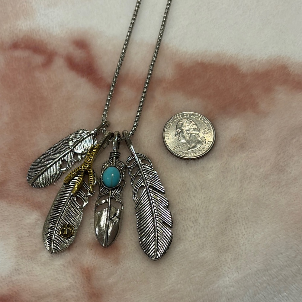Silver Feather 4 Charm Pendant Necklace with Faux Turquoise and Gold Accents NWT - Picture 8 of 15